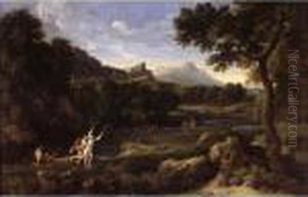 A Wooded Landscape With Apollo And Daphne Observed By Peneus Oil Painting by Gaspard Dughet