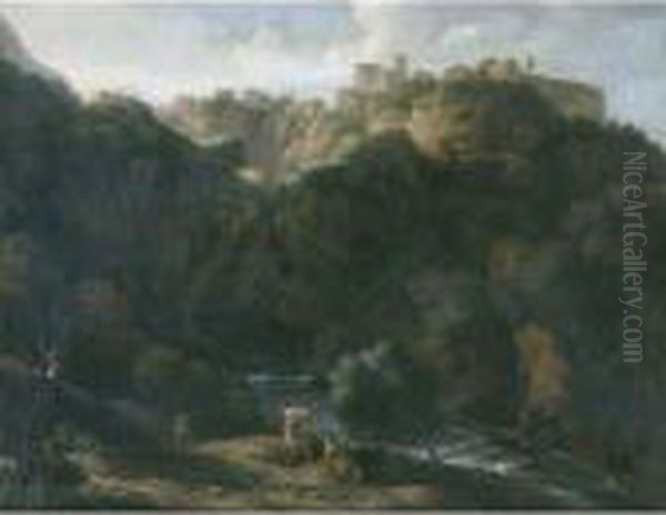 A View Of Tivoli, With The Teverone Flowing Beneath Oil Painting by Gaspard Dughet