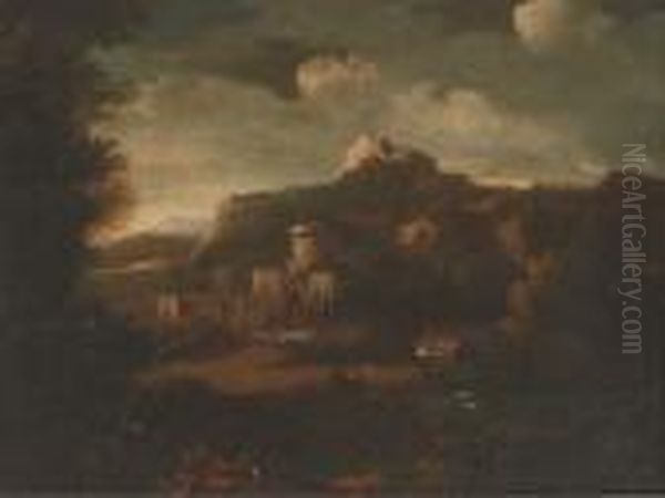 A Classical Landscape With A Figure And Dog Resting On Atrack Oil Painting by Gaspard Dughet