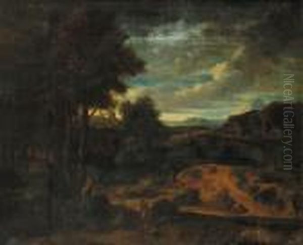 An Italianate Landscape At Sunset With Shepherds In The Foreground Oil Painting by Gaspard Dughet