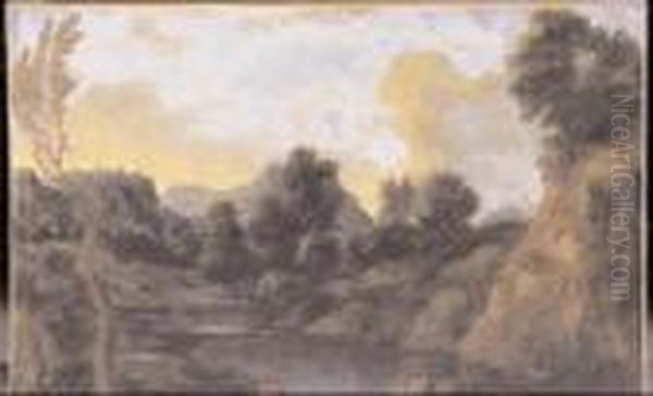 Paesaggio Di Campagna Romana Con Pastori E Animali Oil Painting by Gaspard Dughet