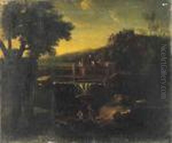 Paesaggio Laziale Con Borghi, Una Cascata E Due Astanti In Lontananza Oil Painting by Gaspard Dughet