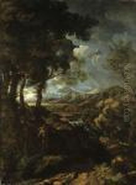 A Wooded Landscape With Elijah And The Angel Oil Painting by Gaspard Dughet