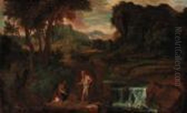 An Extensive Landscape With A Woman And Hermit Saint By A Rockyriver Oil Painting by Gaspard Dughet