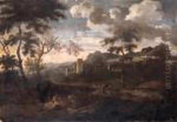 Figures In A Classical Landscape Oil Painting by Gaspard Dughet