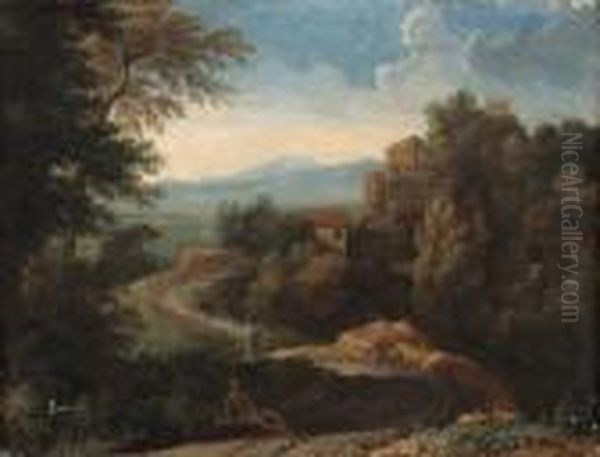 An Italianate Landscape With Figures By A Path Oil Painting by Gaspard Dughet