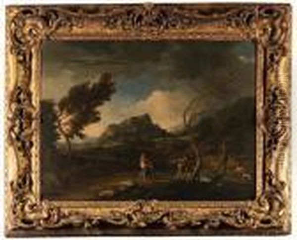 A Stormy Italianate Landscape With Figures By A River, A Townbeyond Oil Painting by Gaspard Dughet