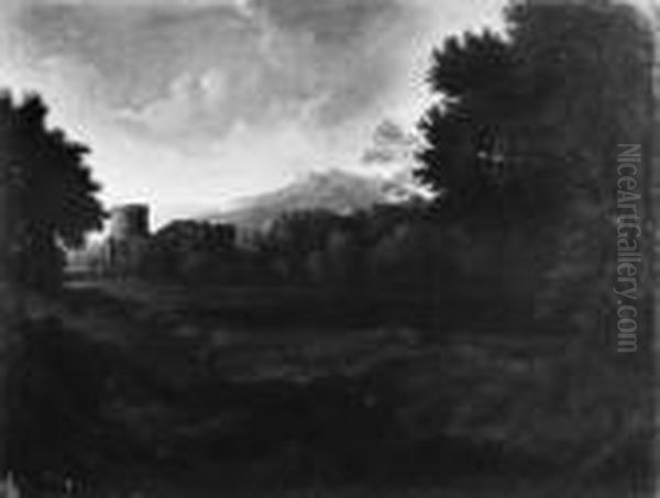 Paesaggio Laziale Con Un Borgo Ed Astanti Vari Oil Painting by Gaspard Dughet