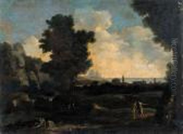 Costa Mediterranea Con Edifici Classici E Tre Astanti In Primopiano Oil Painting by Gaspard Dughet