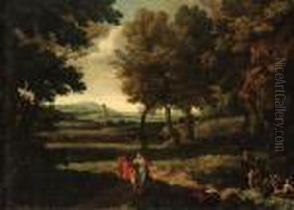 An Extensive Italianate 
Landscape With Bathers And A Group Of Womenand Children In The 
Foreground, Travellers On A Path Beyond Oil Painting by Gaspard Dughet