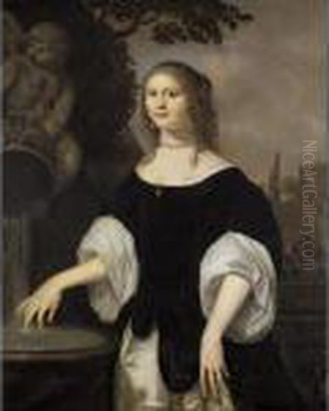 Portrait Of Catharina Van 
Foreest, Three-quarter Length, Wearing A Black Dress And Standing By A 
Fountain Oil Painting by Karel Dujardin