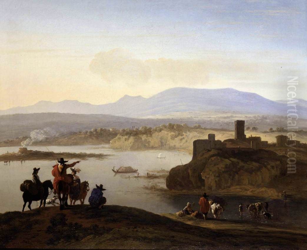 Italianate Landscape With Travellers On Horseback Oil Painting by Karel Dujardin