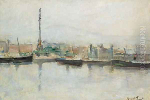 Ships in the Harbour (B&aring;ter p&aring; havnen) Oil Painting by Henrik Lund