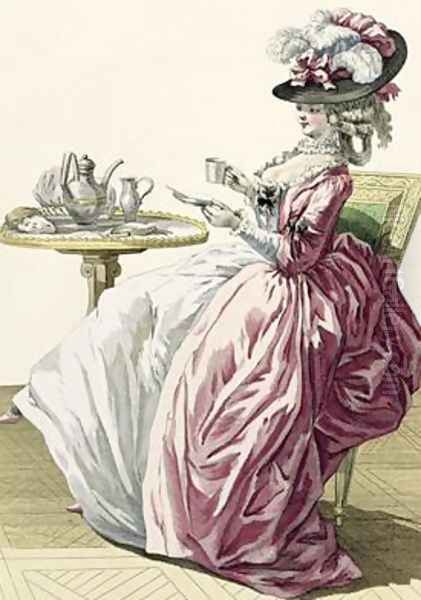 Elegant Woman in a Dress a lAnglaise Drinking Coffee Oil Painting by Pierre Thomas Le Clerc