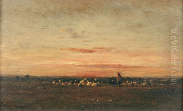  Berger Et Son Troupeau Au Soleilcouchant  Oil Painting by Leon Victor Dupre