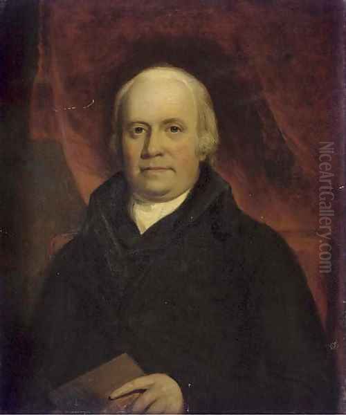 Portrait of a gentleman, half-length, in a black coat, holding a book; and Portrait of his wife, half-length, in a red wrap, a dog to her side Oil Painting by Sir Thomas Lawrence