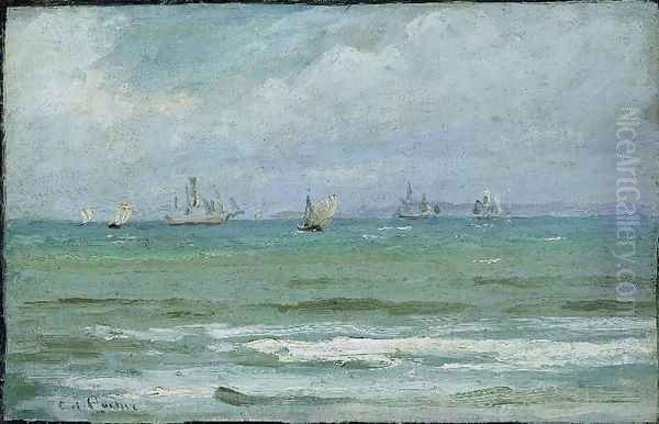 Coastal landscape with sailing ships, probably from Hornb&aelig;k Oil Painting by Carl Locher