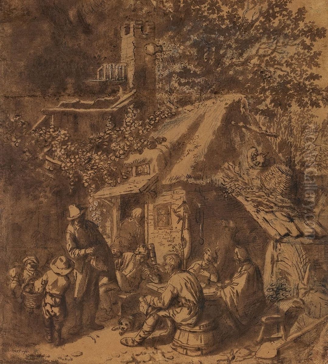 Drehleierspieler Voreiner Schenke Oil Painting by Cornelis Dusart