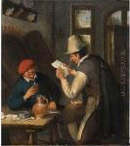 A Notary Reading A Letter To A 
Peasant Seated At A Table, Drinking And Smoking In An Interior Oil Painting by Cornelis Dusart