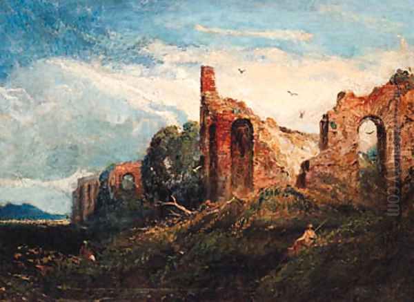 Figures resting by Ruins, possibly in the Campagna Oil Painting by William Linton