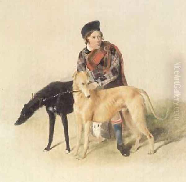 A Ghillie and two Deerhounds Oil Painting by Sir Edwin Henry Landseer