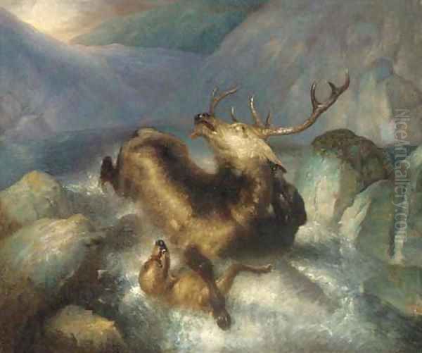Deer and deerhounds in a mountain torrent Oil Painting by Sir Edwin Henry Landseer