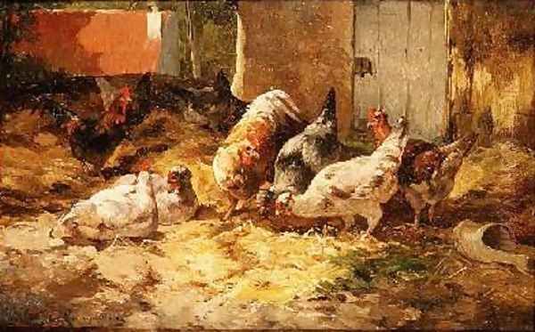 Chickens in a Barn Oil Painting by Cornelius van Leeputten