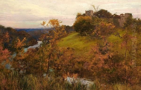 A View Across A River Valley To A Castle Ruin. Oil Painting by Sir Alfred East