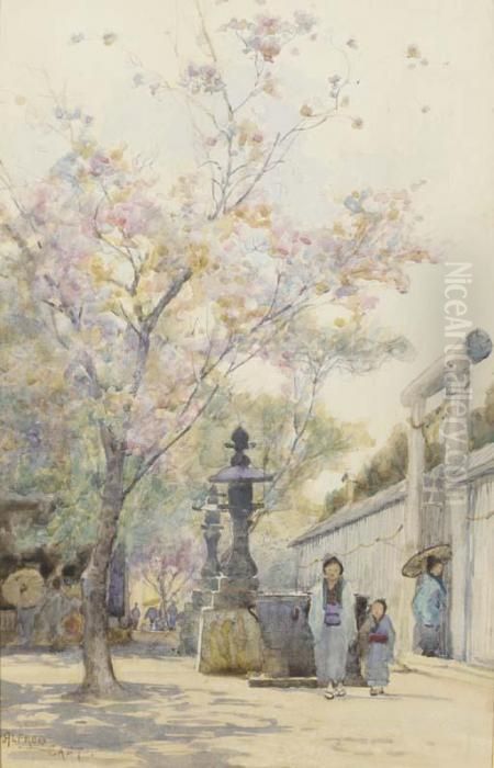 A Japanese Street Scene With Trees In Blossom Oil Painting by Sir Alfred East