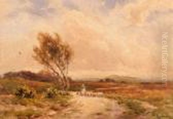 Shepherd With Sheep In A Windswept Country Lane Oil Painting by Wycliffe Egginton