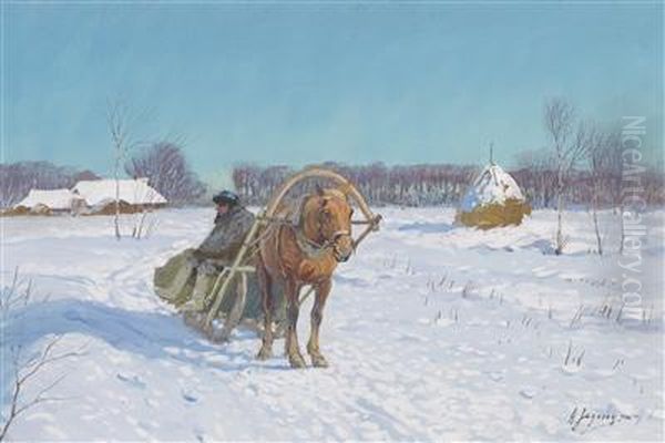 A Horse Drawn Sleigh In A Russian Winter Landscape Oil Painting by Andrei Afanas Evich Egorov