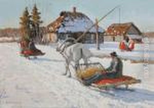Winterwork At The Farm Oil Painting by Andrei Afanas Evich Egorov