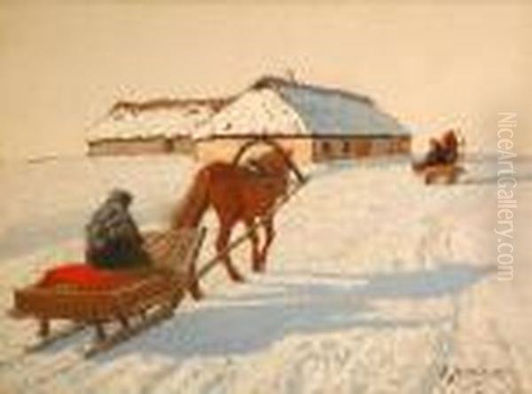Troikas On A Winter Track Oil Painting by Andrei Afanas Evich Egorov
