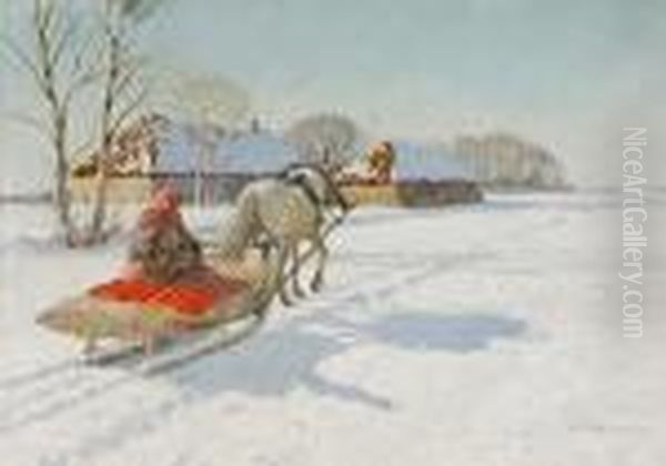 A Winter Scene With A Figure On A Horse-drawn Sleigh Oil Painting by Andrei Afanas Evich Egorov