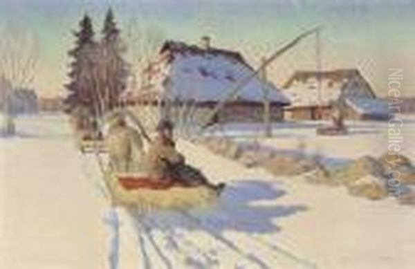 Verschneite Winterlandschaft Mit Pferdeschlitten Oil Painting by Andrei Afanas Evich Egorov