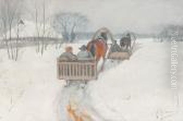 Two Horse-drawnsleighs Following In The Snow Oil Painting by Andrei Afanas Evich Egorov