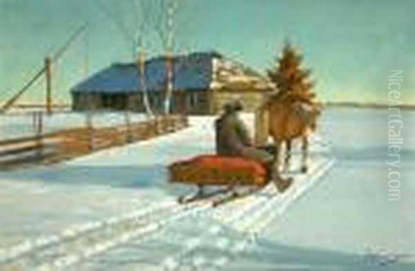 Sonnigewinterlandschaft Mit Bauerin Und Pferdeschlitten Oil Painting by Andrei Afanas Evich Egorov