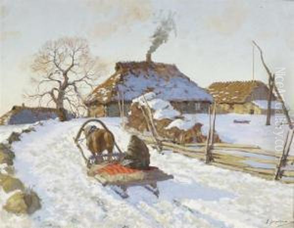 Carriage In A Winter Landscape Oil Painting by Andrei Afanas Evich Egorov