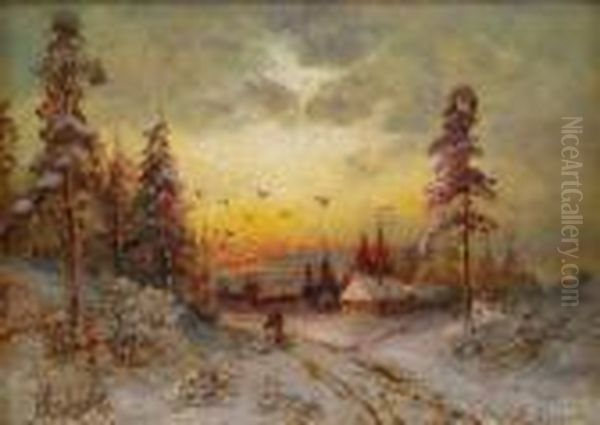 Sunset In A Winter Landscape Oil Painting by Andrei Afanas Evich Egorov