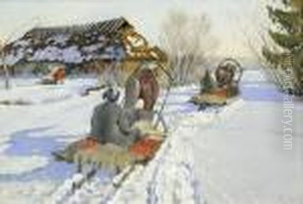 Auf Dem Heimweg: Zwei Pferdeschlitten In Tief Verschneiter Winterlandschaft Oil Painting by Andrei Afanas Evich Egorov