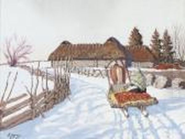 A Troika Before A Farmstead In The Snow Oil Painting by Andrei Afanas Evich Egorov