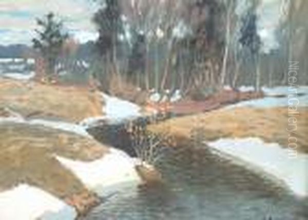 River Under Thaw In Latin Oil Painting by Andrei Afanas Evich Egorov