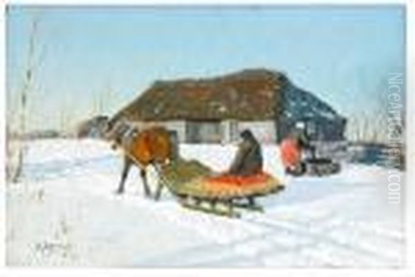 A Pair Of Winter Landscapes With Horses Oil Painting by Andrei Afanas Evich Egorov