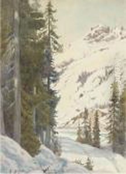 An Alpine Winter Landscape Oil Painting by Andrei Afanas Evich Egorov