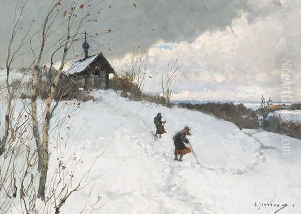 The Chapel On The Hill In Winter; The Village Church Inwinter Oil Painting by Andrei Afanas Evich Egorov