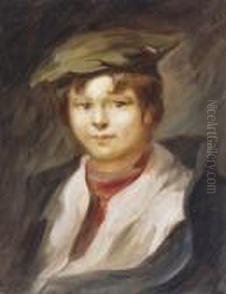 Young Boy In Beret With Red Scarf Oil Painting by Jozsef Egry