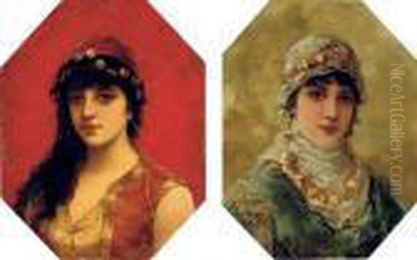 Portrait Of A Woman In A White 
Head Scarf; And Portrait Of A Woman In A Red Tunic With Gold Trim Oil Painting by Eisman Semenowsky