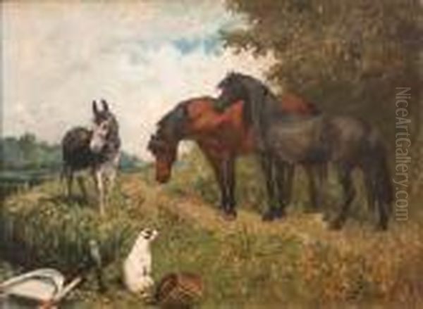 Two Horses And A Donkey Near A 
Seated Terrier Beside A Fisherman's Basket And Rowing Boat Oil Painting by John Emms