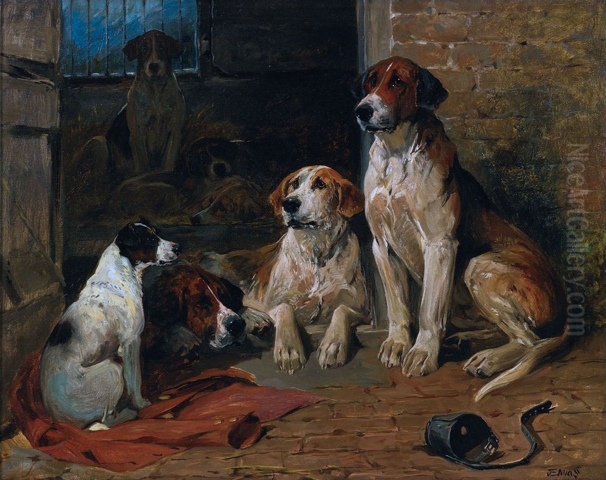 Hounds By A Kennel Oil Painting by John Emms