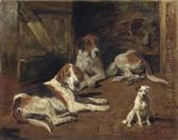 Fox Hounds And A Terrier Oil Painting by John Emms